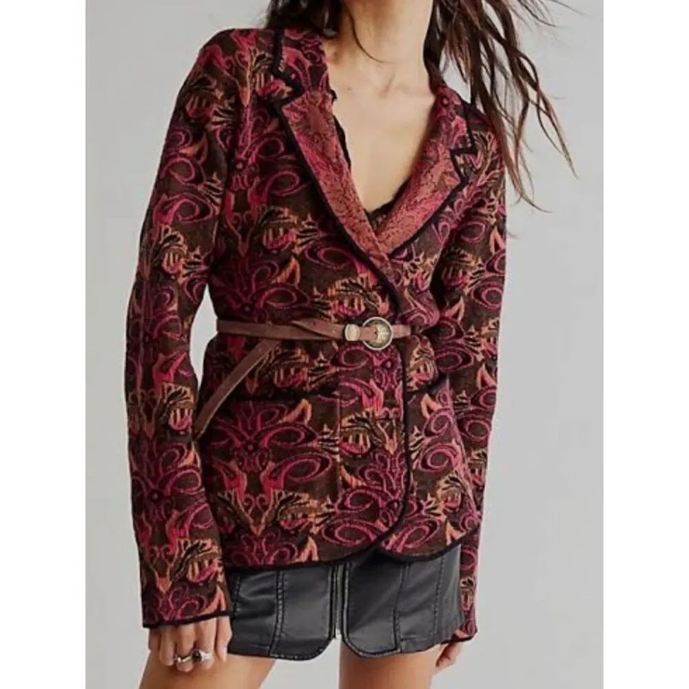 Free People Sammie Blazer Sweater Jacket Paisley Wine Bordo Red Size M